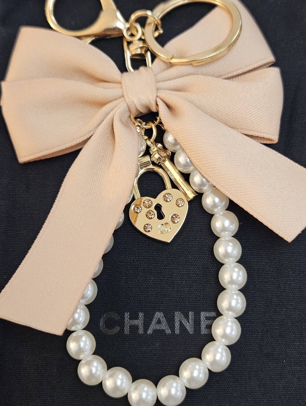 Handmade Pearl Bow Bag Charm Keychain CC Lock + Chanel Pouch